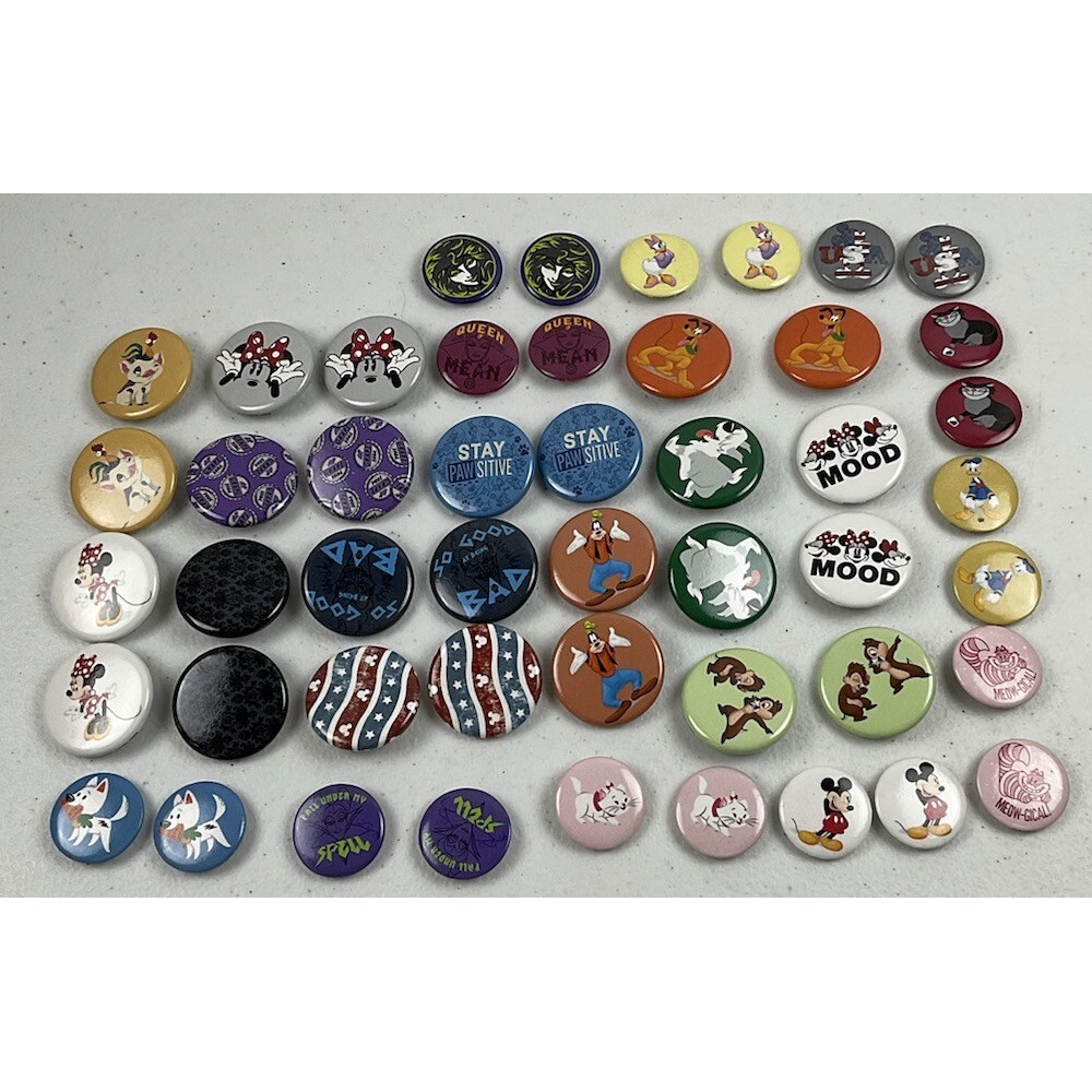 Disney Lot of 48  mixed Collectible Pin back Buttons. Various Styles, 2 Sizes